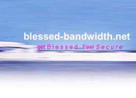 The website's name typed in white and "Get blessed Feel secure" typed in pink below in front of blurred image of a white building and a clear blue sky.