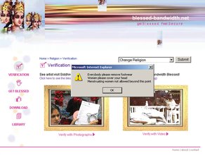 A screenshot of a verification webpage. A Hindu goddess with four faces distorted and blurred with the logo on the top right as the header. There are two golden ornamental frames of photos and a pop up window with instructions that condescend women.