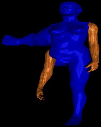 3D graphic of a displaced blue body with wooden arms, where its right arm is replaced by the right leg extended straight out and right leg replaced by its arm.