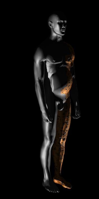 3D graphic render of a male body made of a smooth silver texture. Its left side of the body looks diseased, rotting into a wrinkly texture with black spots.
