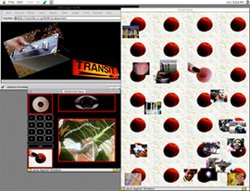 Screenshot of three tabs. Tiles of red circles with rectangular images scattered fills the right half. The top left tab has a briefcase and a transit sign. The bottom left tab has a keypad, a webcam, a red button, and an image with green striations.