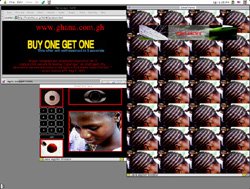 Screenshot of three tabs. Tiles of the back of a person's head fills the right half. The top left shows a website with "Buy One Get One" in bold yellow and red text. The bottom left has a keypad, a webcam, a red button, and a Black person's face.