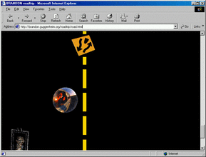 A gif of a vintage Microsoft Internet Explorer webpage titled "Brandon Roadtrip" of a black background with yellow street lines in the center revealing different images and street symbols scattered throughout as it scrolls.