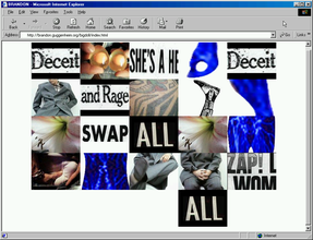 Screenshot of a white vintage Microsoft Internet Explorer webpage with a grid of different images such as a person sitting in a chair wearing a suit, a close up of a flower, two transparent eggs with yolks, tattoos, and collages of black and white text.