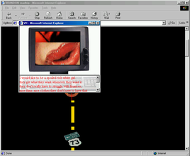 A screenshot of a vintage Internet Explorer webpage titled "Brandon Roadtrip" with a black background and yellow street line marks and street sign symbols on the floor. On top is a pop up window of an old computer showing an image of lips and red text.