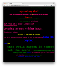 A screenshot of a black webpage with collage of a poem written in green, red, pink, and yellow text randomly arranged and typed in different fonts and sizes.