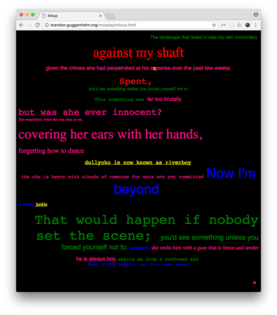 A screenshot of a black webpage with collage of a poem written in green, red, pink, and yellow text randomly arranged and typed in different fonts and sizes.