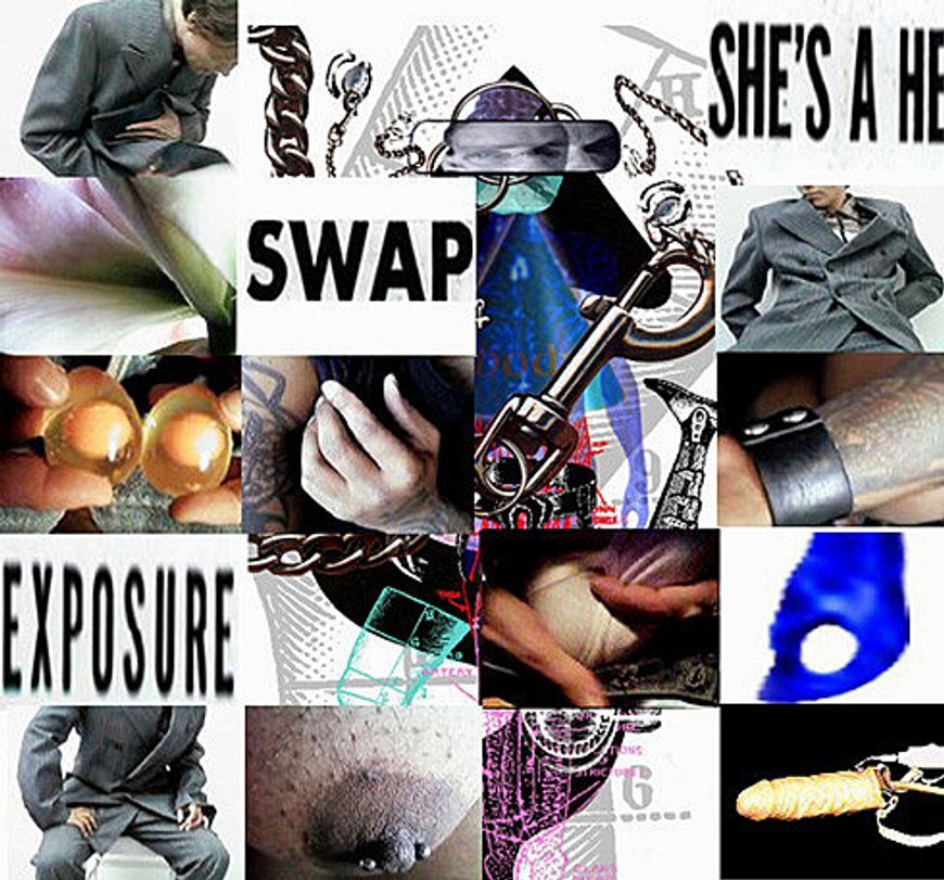 A grid  of different images such as a person sitting in a chair wearing a suit, a close up of a flower, two transparent eggs with yolks, tattoos, a pierced nipple, a strap on dildo, and collages of black and white text.