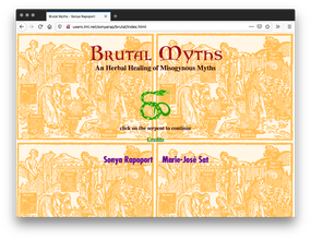 Webpage with a background of a medieval painting in four tiles and an orange filter. The header is made of a medieval font and a graphic green serpent rests in the middle. The page welcomes the user to an educational online game.