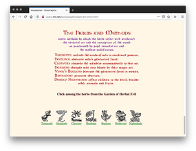 Webpage with a light peach background. Red and purple medieval text are in the center of the page and a row of different herbs line the bottom.