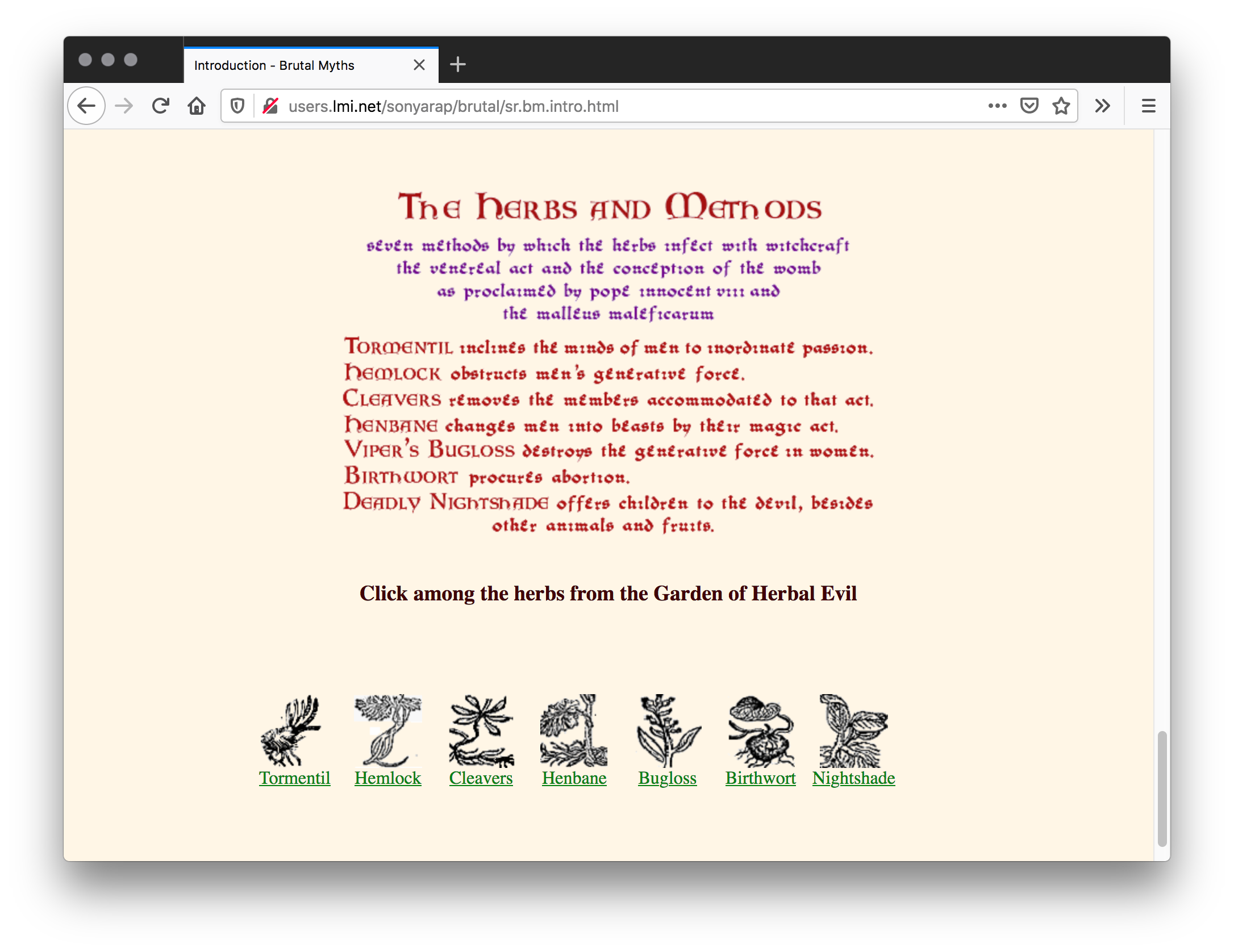 Webpage with a light peach background. Red and purple medieval text are in the center of the page and a row of different herbs line the bottom.