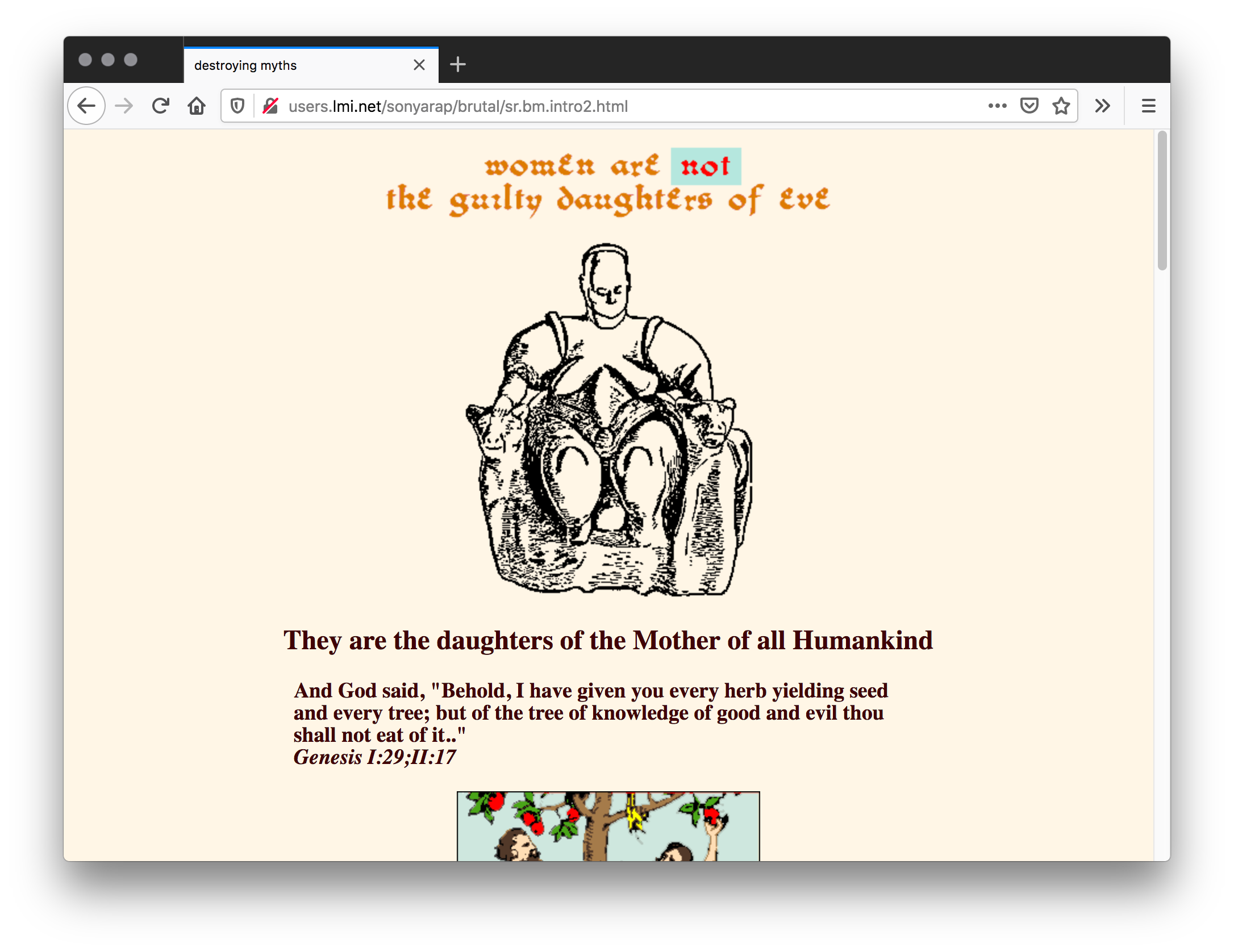 Webpage with light peach background. A cartoon graphic of a chubby woman statue sits on a chair. On the bottom is cut off colored graphic cartoon of Adam and Eve taking an apple from the Tree of Knowledge with the serpent slithering its way to Eve.