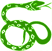 A green graphic of a coiled serpent with a diamond pattern printed on its body. Its shows its danger by showing its long tongue with split ends.