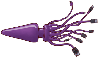 A illustration of a squid-like purple butt plug. The bod is made of a cone with a tail of tentacles made of different wire plugs.