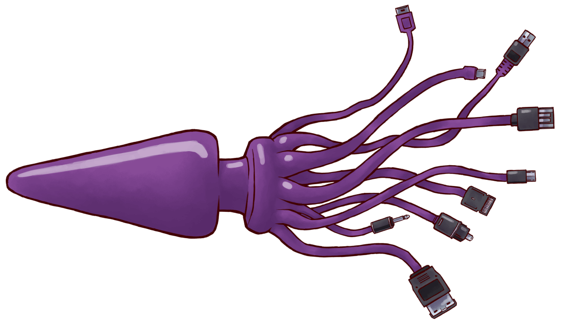 A illustration of a squid-like purple butt plug. The bod is made of a cone with a tail of tentacles made of different wire plugs.