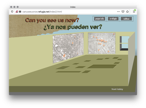 Screenshot of a webpage showing a 3D graphic of a gallery floor plan showing two large black and white maps with orange numbered pins scattered largely taking up the walls.