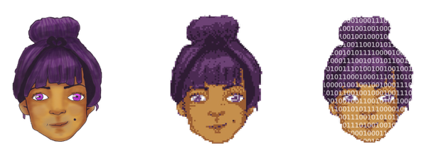 Graphic cartoon of female face with purple hair and purple eyes shown three times in a row and gradually turning pixelated. The last right one is covered in white binary code.