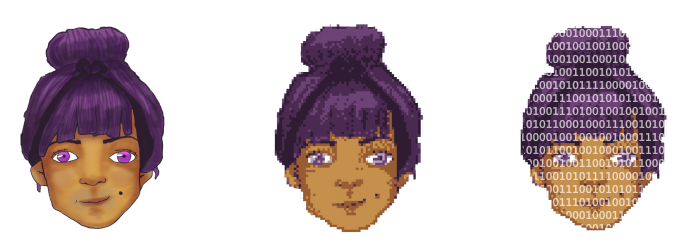 Graphic cartoon of female face with purple hair and purple eyes shown three times in a row and gradually turning pixelated. The last right one is covered in white binary code.