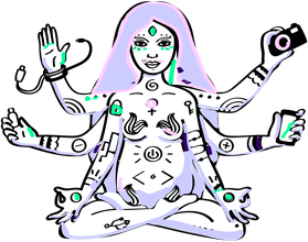 Graphic illustration of a cyborg goddess with long purple hair sitting in a lotus position with six hands holding a phone, a camera, a flash drive, a wire as a bracelet, and power buttons and electronic symbols tattooed on her body.