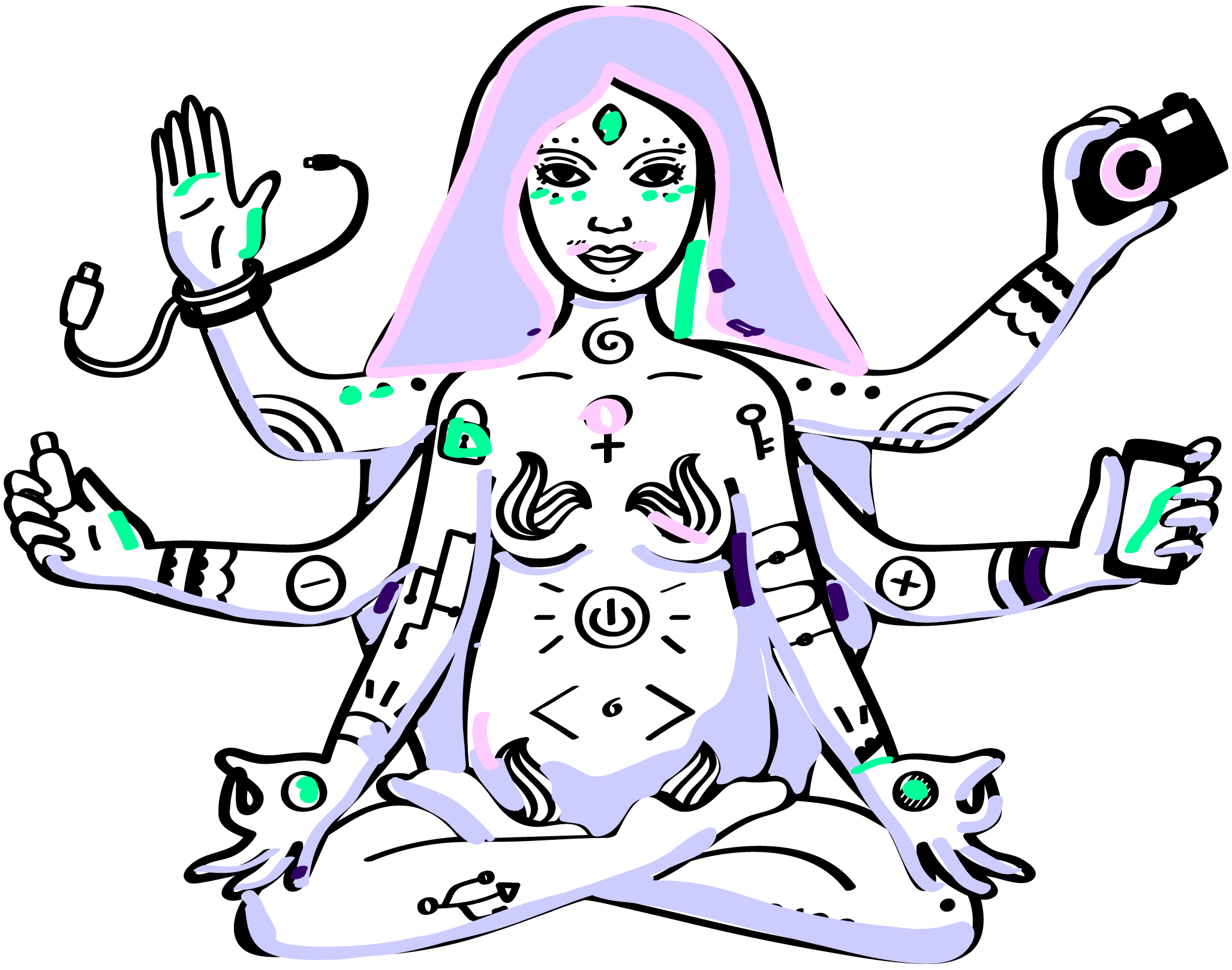 Graphic illustration of a cyborg goddess with long purple hair sitting in a lotus position with six hands holding a phone, a camera, a flash drive, a wire as a bracelet, and power buttons and electronic symbols tattooed on her body.