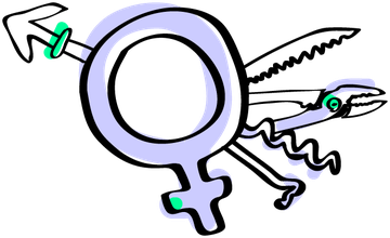 Graphic illustration of a purple female or hermaphrodite symbol turned into a multi-tool with a knife, a wine bottle opener, a screw, and tweezers displayed out to the side.