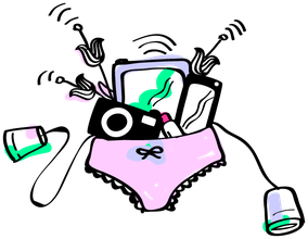 Graphic illustration of pink underwear holding a bouquet stuffed with a camera, a tablet, a phone, flowers sending signals out of its buds, and string telephone sprawling out of the underwear.