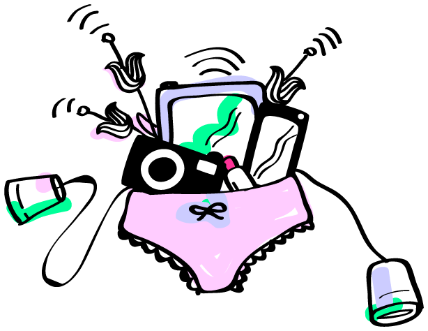 Graphic illustration of pink underwear holding a bouquet stuffed with a camera, a tablet, a phone, flowers sending signals out of its buds, and string telephone sprawling out of the underwear.