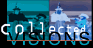 "Collected Visions" typed over two same images of one kid wearing a witch hat and a younger child in a cowboy costume holding a gun, one in a blue filter on the left and an inverted filter on the right.