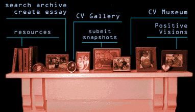 A cut out pink-filtered image of framed photographs and books on a shelf and blue lines extending out of each object with blue text linking to resources, galleries, museum, and other pages.