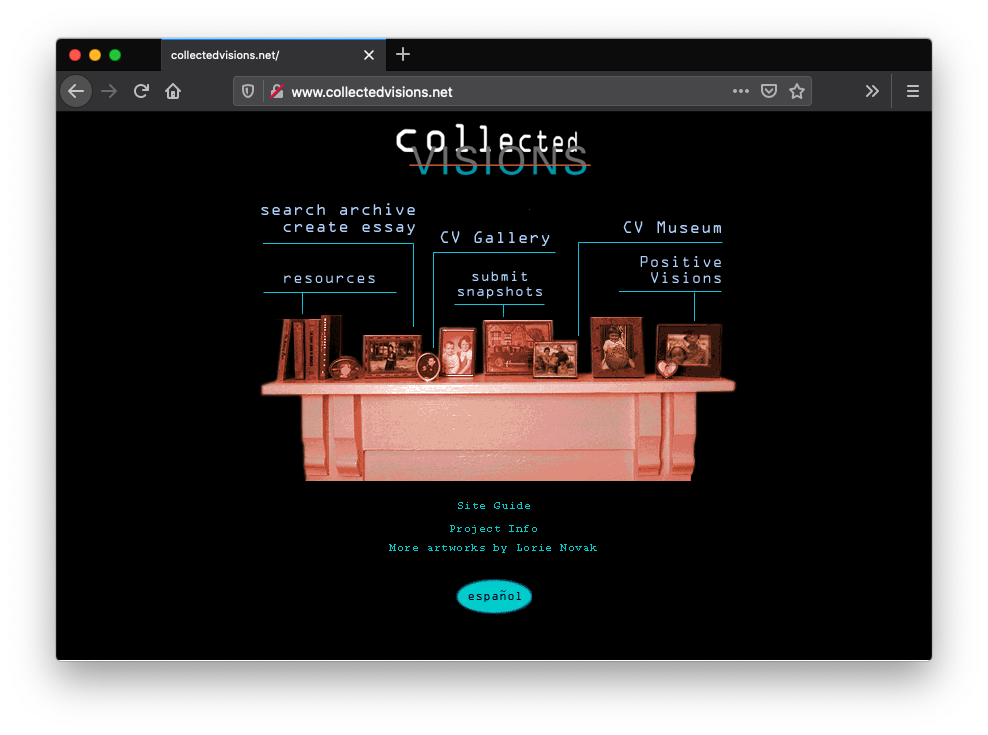 A black webpage of Collected Visions. The center shows a cut out pink-filtered image of framed photographs and books on a shelf and blue lines extending out of each object with blue text linking to resources, galleries, museum, and other pages..