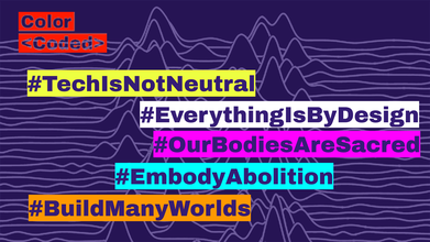 A graphic poster with a purple background and grey outlines of mountains or radio waves. Purple text with hashtagged text is highlighted by red, yellow, white, purple, cyan, and orange colors.