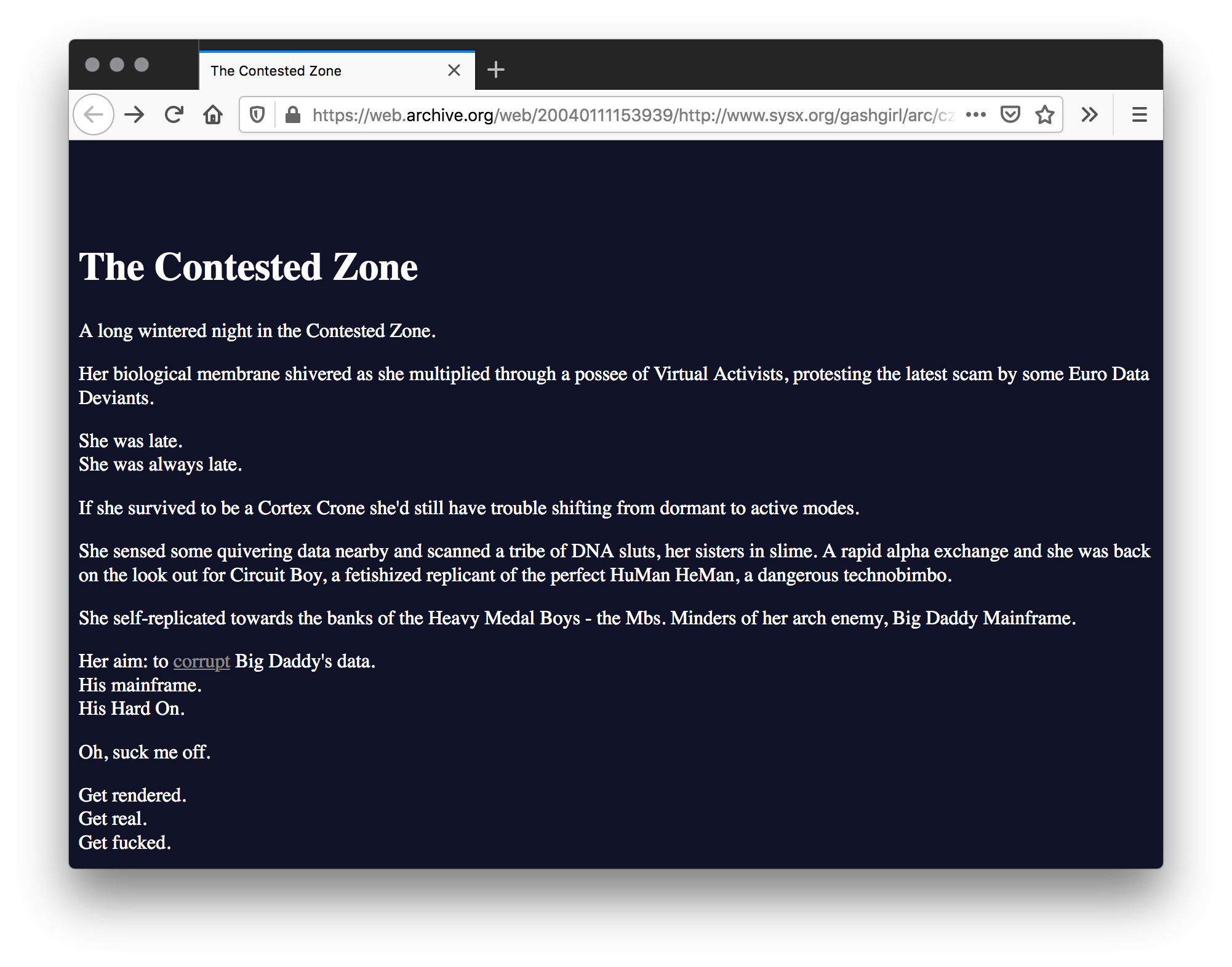 Screenshot of navy blue webpage that has a white title. A poem typed in white text with some words underlined and in grey text fills the rest of the page.