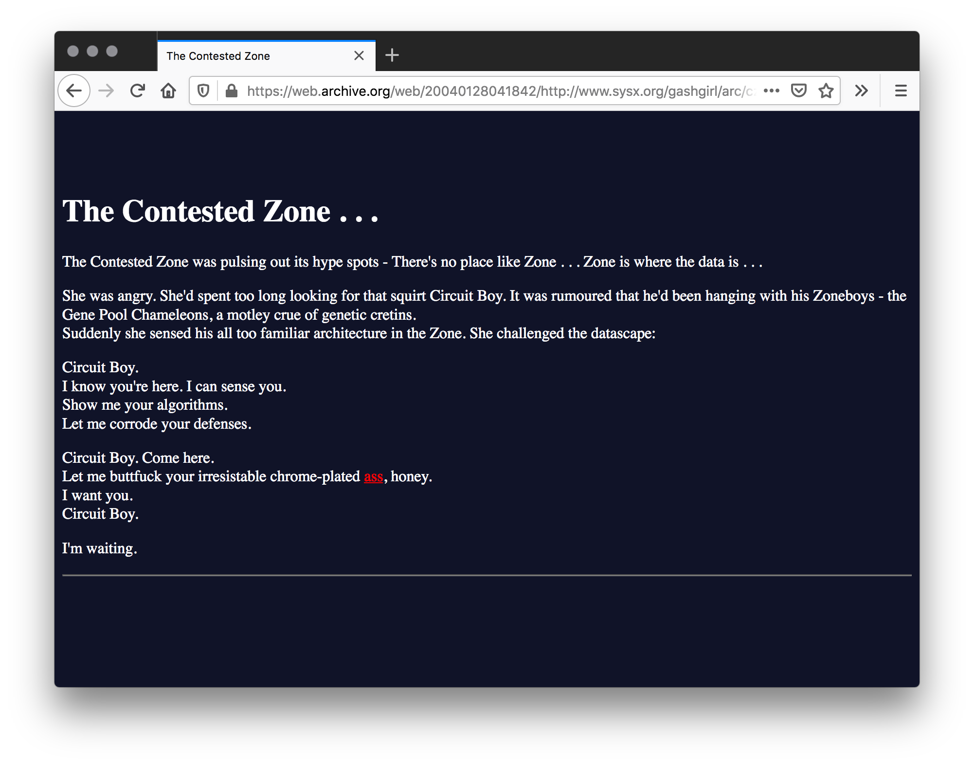 Screenshot of navy blue webpage that has a white title. A poem typed in white text with some words underlined and in red text fills half of the page with a white line underneath the poem.