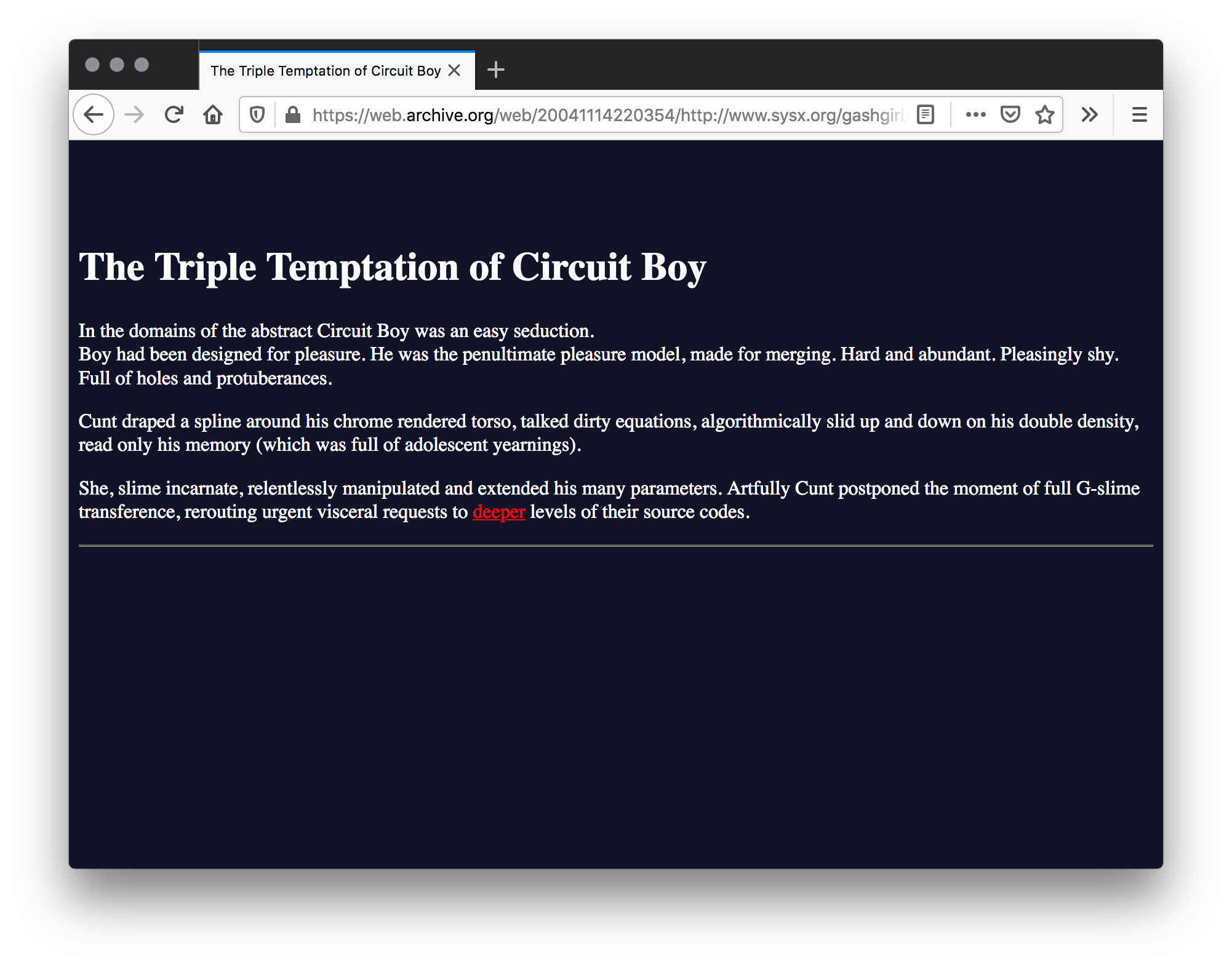 Screenshot of navy blue webpage with "The Triple Temptation of Circuit Boy" as the title typed in white. A poem typed in white text with some words underlined and in red text fills half of the page with a white line underneath the poem.