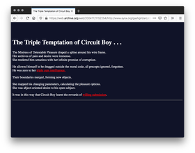 Screenshot of navy blue webpage that has a white title. A poem typed in white text with some words underlined and in red text fills half of the page with a white line underneath the poem.