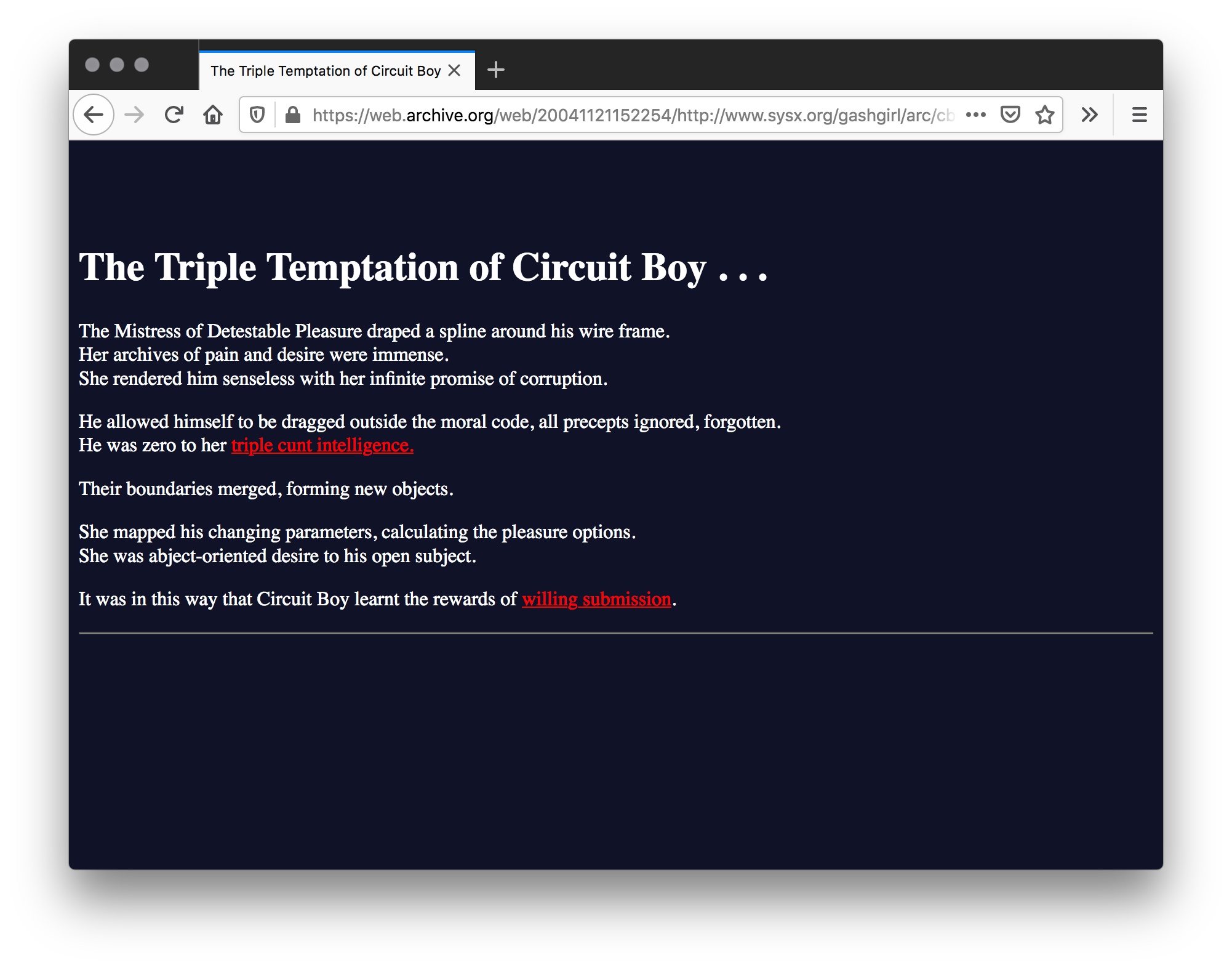 Screenshot of navy blue webpage that has a white title. A poem typed in white text with some words underlined and in red text fills half of the page with a white line underneath the poem.