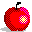 A  graphic cartoon icon of a red apple and a dark green stem shaded in a pointillism style.