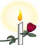 A graphic cartoon illustration of a candle lit and its bright flame creating an orange warm circular glow. A red rose, partially bloomed, lying on its green stem behind the candle.