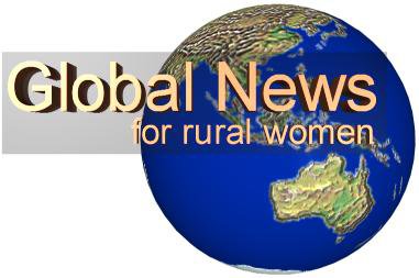 A transparent black backplate with "Global News for rural women" typed in gold and 3D text in front of a 3D graphic of the earth.