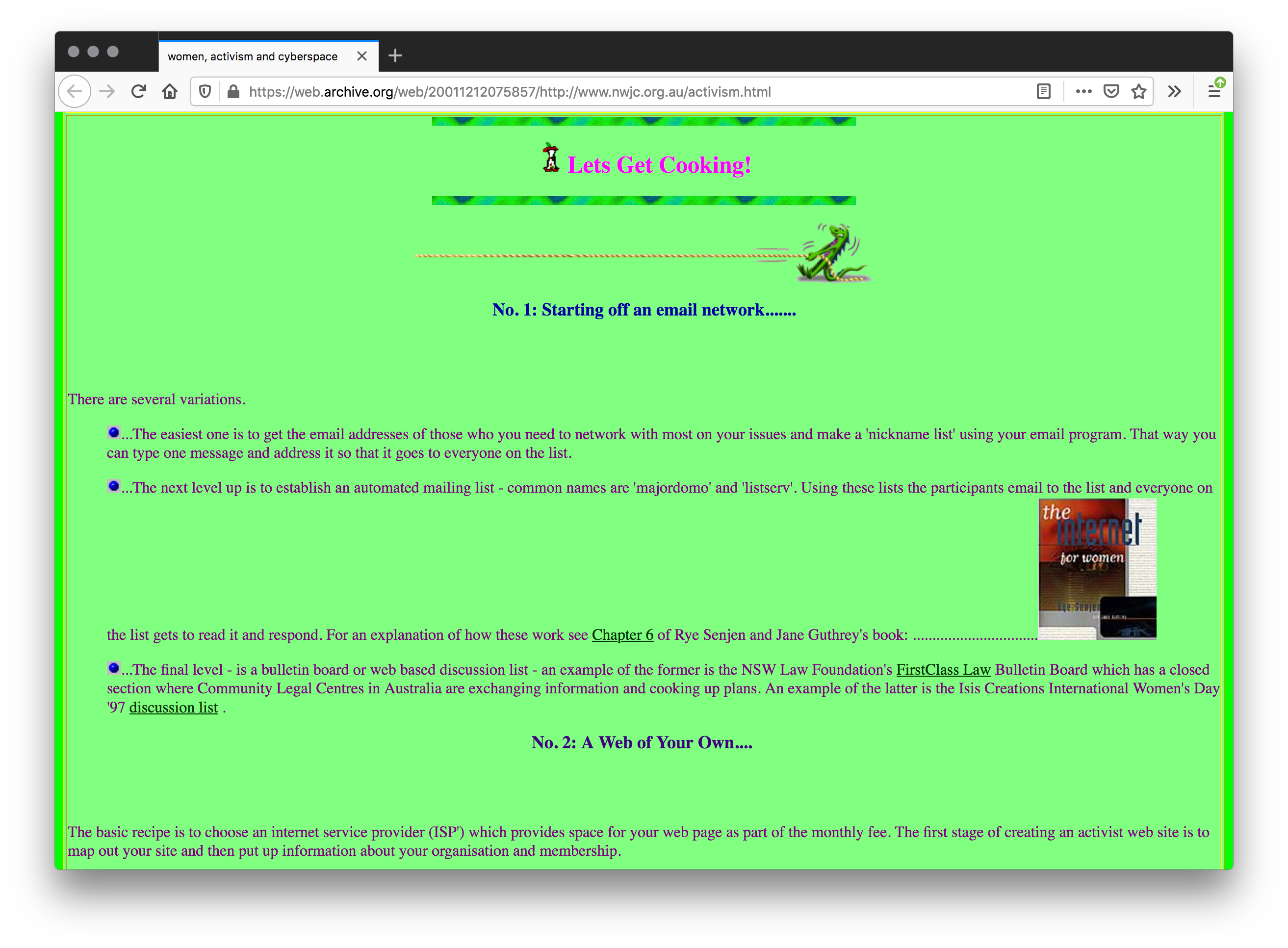 A green webpage with an eaten apple icon and "Lets Get Cooking!" in pink text as the header. The center is made of navy blue titles and bulleted violet text. A book titled "The internet for women" and an eye and a phone on the cover is on the right.