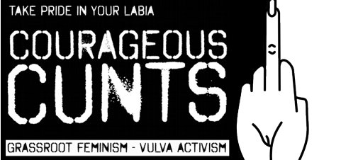 A black banner with white text in a spray painted font, eliciting vandalism. On the right is a graphic icon of a body of a hand with the middle finger sticking out connected to the legs of a female, vagina exposed.