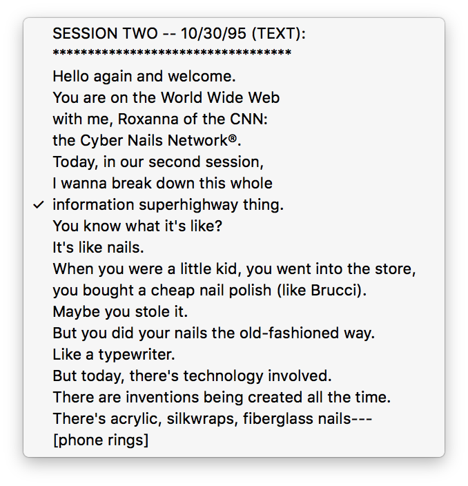 A text edit of a script from Session Two, dated back on October 30th, 1995.