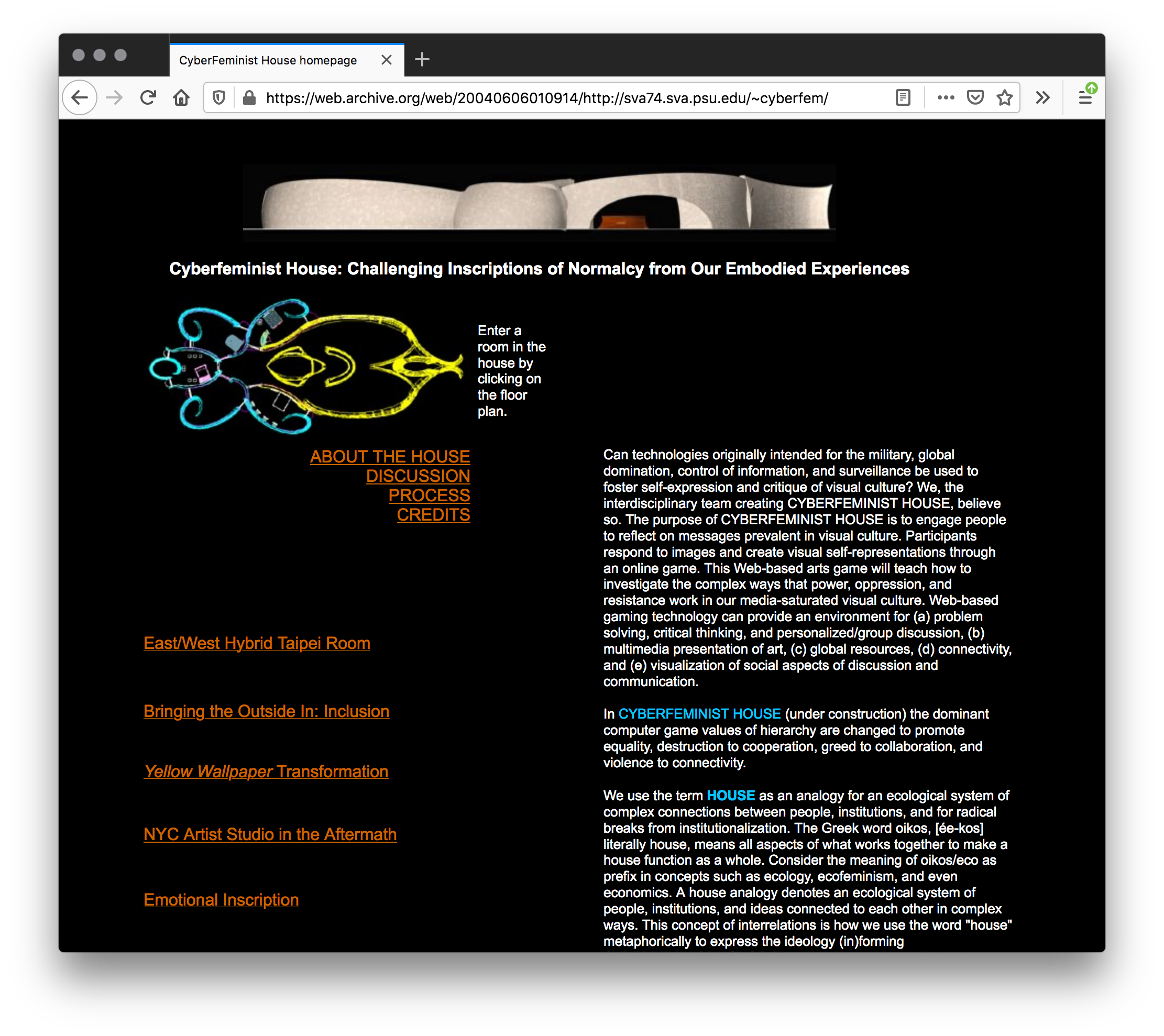 A black webpage with a header of a 3D design of a curved house and white text. The page has paragraphs of white text on the right and orange underlined links on the left next to a blue and yellow diagram of the house's floor plan.