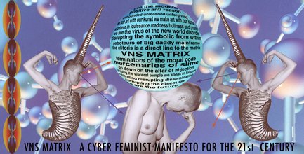 Large molecules floating behind a cyan manifesto, sphered and centered above a shirtless woman, head bowed to fist. She is also on both sides, with a narwhal horn, cocoon torso, and arrows shoot out her eyes. Vibrant hourglasses in ovals line the left.