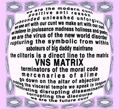 A spherical block of black text on a black background. Bordered with a pink strip as the background and a sequence of yonic pupil-less eyes with very bushy top and lower lashes or a hairy vagina as icons.