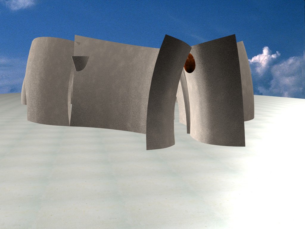 A 3D graphic of metal curved planes leaning against each other, creating an avante-garde architectural building on a white terrain and a sparsely clouded blue sky.
