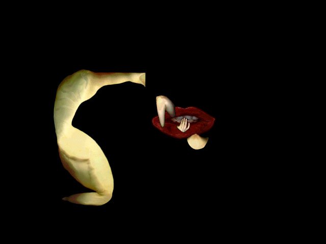 A collage with a black background of red lips slightly parted with a severed limb, half of a hand, and a cut out breast placed ontop of slightly parted red lips. A larger intenstine of flesh, hurled and slightly coiled lays to the left.