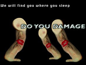 Three flesh monsters with the head made of a breast flattened like play-dough pancake, body of elbows conjoined by a red lip kissing glass supported by a palm and a thumb stare at you. White text line the top and blurred text screams at you in the center.