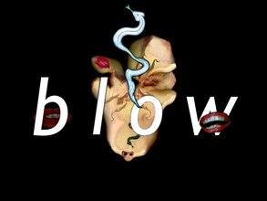 Anatomical heart-shaped figure made of flesh and body parts a nose and genitalia lies behind "blow" in white text. Smoke that crawls out of the "O" morphs into a snake, adding a touch of elegance. Three lips are sprinkled around.