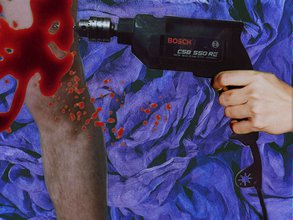 Collage of a hand confidently holding an industrial screw, drilling its way into a human hairy limb. A blood splatter sprays the top left. It is in the background of a drawn purple and blue scrunched fabric.